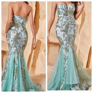 MINT green, floral plants pattern, Strapless mesh, contrast Sequin Merma…